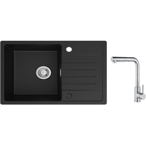 Lavello da Cucina Cecipa 1 Vasca con Gocciolatoio, Lavello da Cucina in Quarzo e Resina 78x45 cm Lavello Nero di Grande Capacità + Miscelatore da Cucina con Doccetta Estraibile - 2 Getti a Scelta - Sp