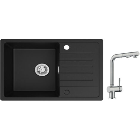 Lavello da cucina Cecipa 1 vasca con gocciolatoio, lavello da cucina in quarzo e resina 78x45 cm Lavello nero di grande capacità + rubinetto da cucina con miscelatore lavello estraibile con doccetta S