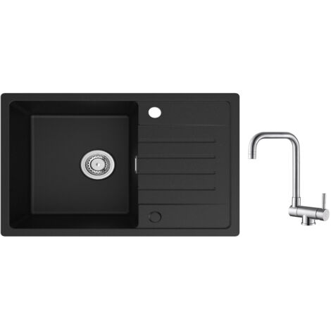 Lavello da cucina Cecipa 1 vasca con gocciolatoio, lavello da cucina in quarzo e resina 78x45 cm Lavello nero di grande capacità + rubinetto da cucina pieghevole Miscelatore lavello pieghevole spazzol