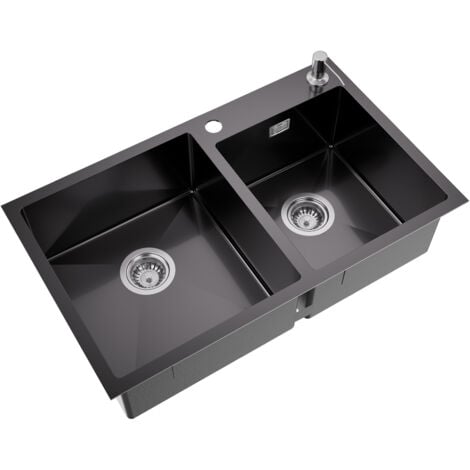 AURALUM MAX Lavello da Cucina Grigio scuro 75x45 cm Lavello Incasso 2 vasca in Acciaio Inox Lavandino Cucina con dispenser per sapone 300 ml, Troppopieno e Sifone