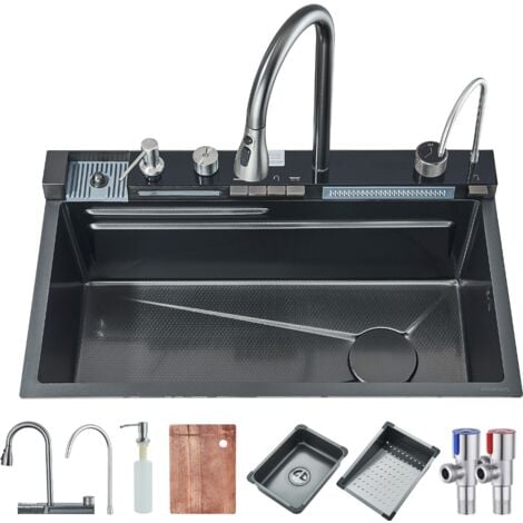 Lavello Da Cucina Gris pistola In Acciaio Inox Lavello A Barra Singola Lavabo Multifunzione Per La Casa Con Rubinetto,Bacino Di Drenaggio,Componente Di Drenaggio,Cestello Di Drenaggio,Tagliere 75x45x2