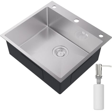 AURALUM Lavello da cucina in acciaio inox 54 x 49 cm lavello da incasso per basi da 60 cm, lavello da cucina, lavello in acciaio inox, incl. dispenser di sapone, set di scarico, nano argento