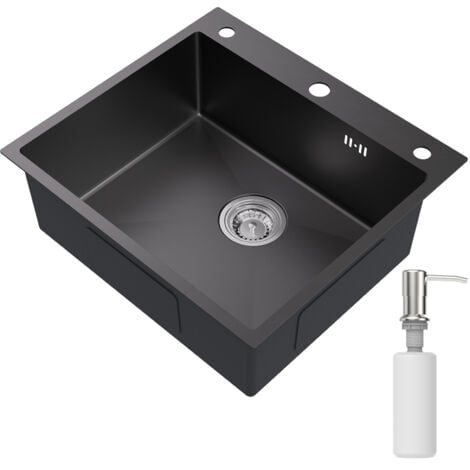 LONHEO Lavello da cucina in acciaio inox 54 x 49 cm lavello da incasso per basi da 60 cm, lavello da cucina, lavello in acciaio inox, incl. dispenser di sapone, set di scarico, nano nero grigio