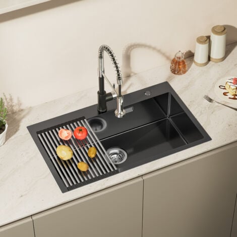 AURALUM MAX Lavello da cucina in acciaio inox 75 x 45 cm, grande lavello da incasso, lavello da cucina per mobili base da 80 cm, incluso set di scarico, Scolapiatti avvolgibile - Nero grigio