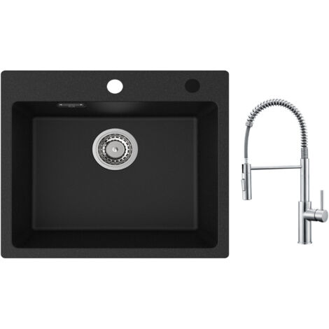 Lavello da Cucina in Quarzo Nero 1 Vasca 50x45 cm Lavello da Cucina in Quarzo + Miscelatore da Cucina a Molla con Doccetta Estraibile, 2 Modalità di Uscita dell'Acqua, Spazzolato