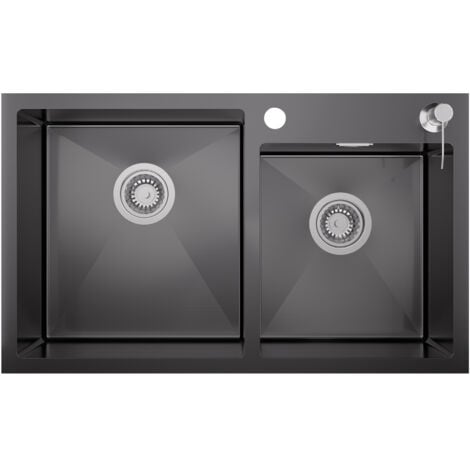 AURALUM MAX Lavello da Cucina Lavandino Cucina 75x45cm Lavorato a Mano Acciaio Inox, Lavello Incasso 2 vasche con dispenser per sapone 300 ml e Set per sifone