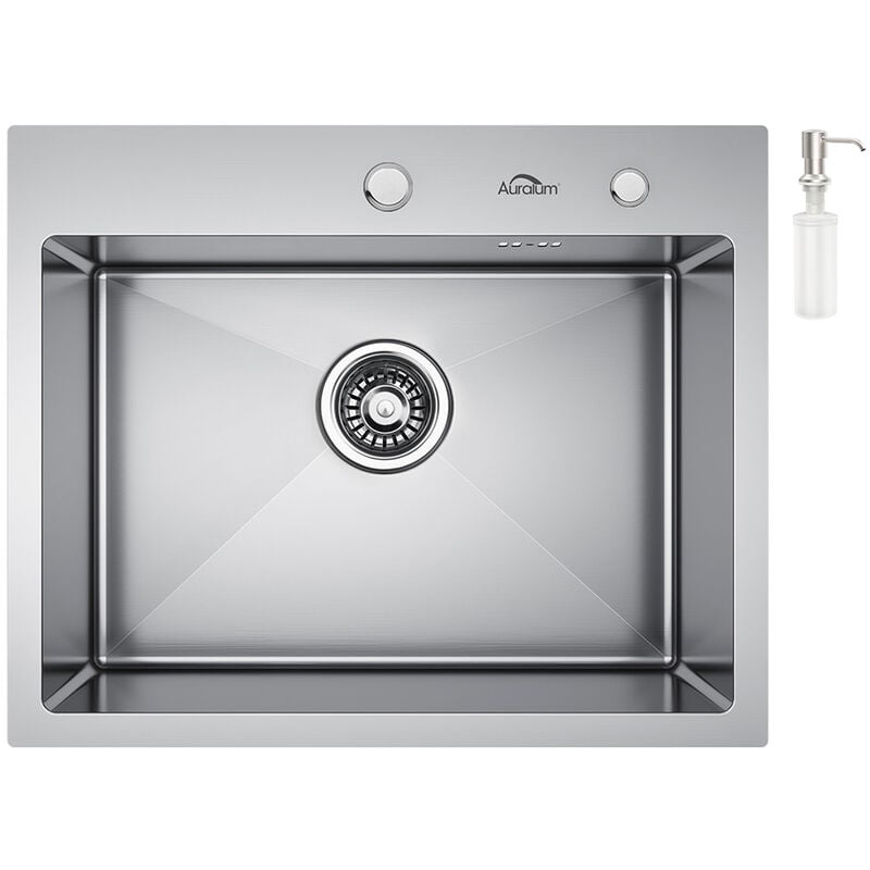 Auralum - Lavello da Cucina 1 Vasca 55x45cm in Acciaio Inox, Lavandino Incasso Quadrato con 300ml dispenser di sapone e Sifone, Da appoggio o filotop