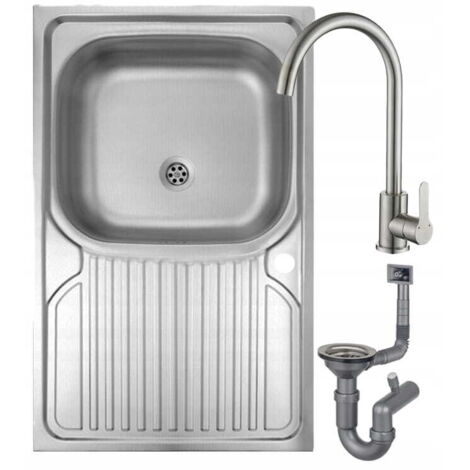 Lavello in acciaio 80x50 a una vasca + foro rubinetto + rubinetto + sifone