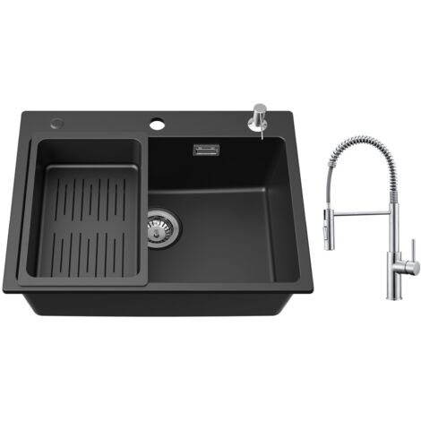 Lavello in Quarzo e Resina 60 x 45 cm, con Cestello con Scarico Libero e Dispenser Sapone + Miscelatore Cucina a Molla con Doccetta Estraibile, 2 Modalità di Uscita Acqua, Spazzolato