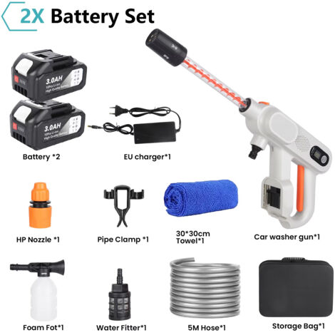 Laveuse pression sans balais – 80 bars – 3 rapports – Batterie Makita 21V – Blanc – Lot 2 accus – Auto/jardin