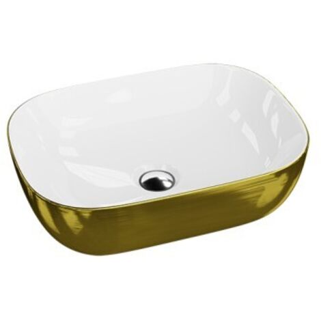 LAVITA Aufsatzwaschtisch Costa Brushed Gold Aufsatzwaschbecken Rechteckig  Waschbecken ohne Überlauf und Hahnloch  Aus hochwertigem Porzellan  Waschtisch  46x32,5x13,5 cm  Weiß/Gold