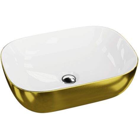 LAVITA Aufsatzwaschtisch Costa Gold/White Aufsatzwaschbecken Rechteckig Waschbecken ohne Überlauf und Hahnloch Aus hochwertigem Porzellan Waschtisch 46x32,5x13,5 cm Weiß/Gold