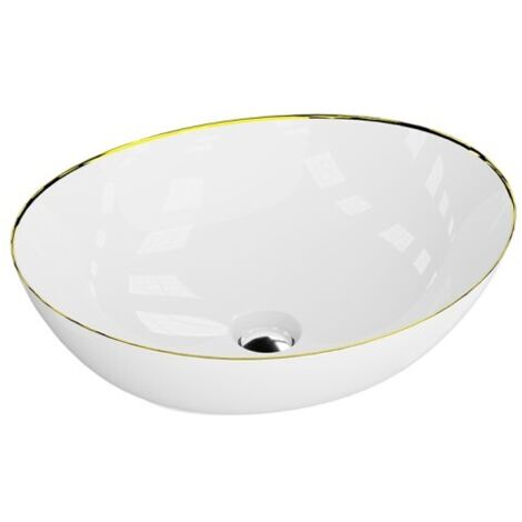 LAVITA Aufsatzwaschtisch Fresa Gold  Aufsatzwaschbecken Oval  Waschbecken Ohne Überlauf und Hahnloch  Aus hochwertigem Porzellan  Waschtisch  41,5x34x13,5 cm  Weiß/Gold