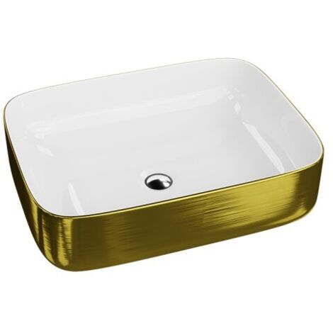 LAVITA Aufsatzwaschtisch Galera Brushed Gold Aufsatzwaschbecken Rechteckig  Waschbecken ohne Überlauf und Hahnloch  Aus hochwertigem Porzellan  Waschtisch  50,5x40x14 cm  Weiß/Gold