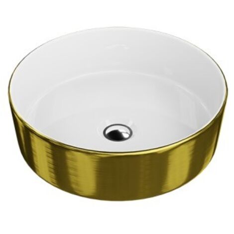 LAVITA Aufsatzwaschtisch Merida Brushed Gold  Aufsatzwaschbecken Rund  Waschbecken Ohne Überlauf und Hahnloch  Aus hochwertigem Porzellan  Waschtisch  37x37x12 cm  Weiß/Gold
