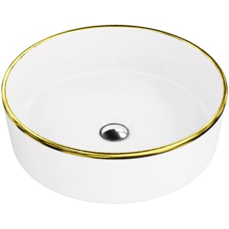 LAVITA Aufsatzwaschtisch Merida Gold Line Aufsatzwaschbecken Rund Waschbecken Ohne Überlauf und Hahnloch Aus hochwertigem Porzellan Waschtisch 37x37x12 cm Weiß/Gold