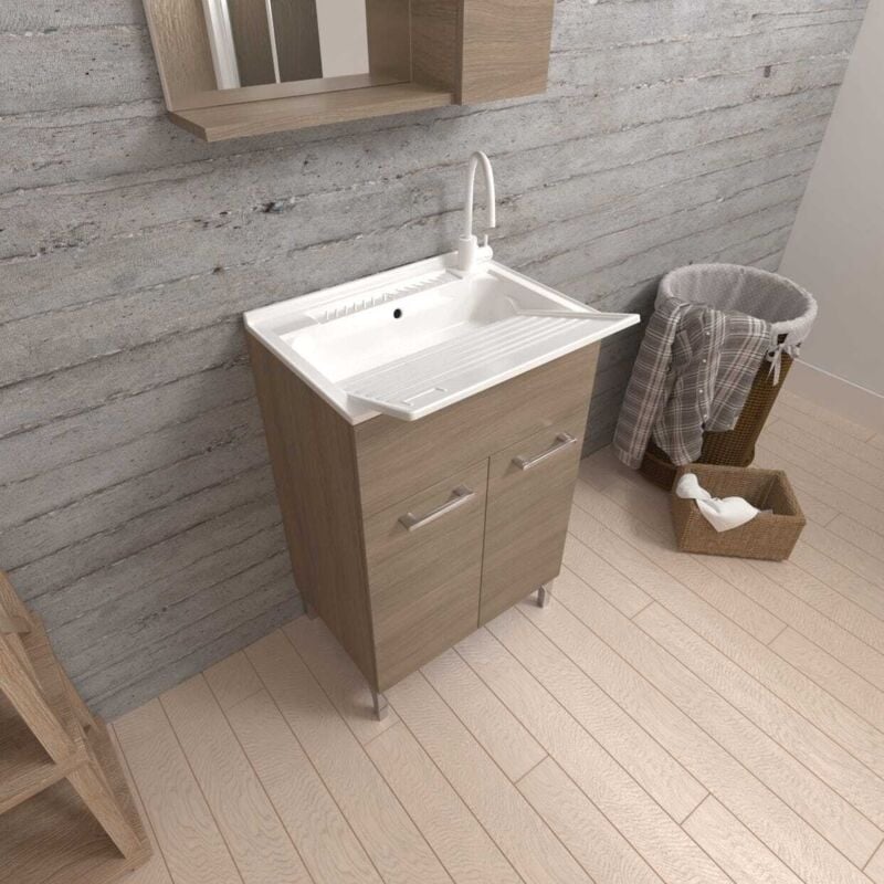 Kiamami Valentina - Lavoir 50X50 Avec Portes En Chêne Naturel Et Planche à Laver Pratico