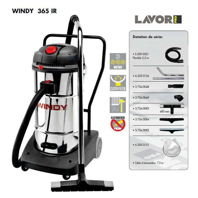 

Pro - Aspiradora en seco y húmedo de acero inoxidable 3600W 65L 195l/s - WINDY 365 IR - Lavor