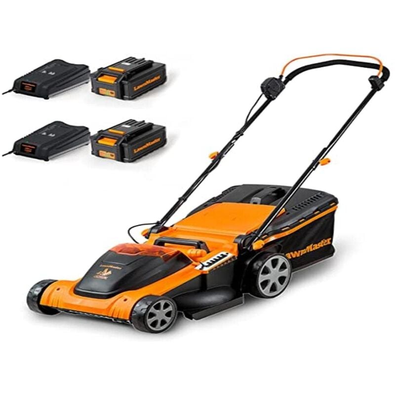 LawnMaster CLMF4841E Tondeuse Electrique Gazon 48V Max 2x24V 4.0Ah Batterie, 41cm, Jusqu'à 450m² Paillage 42L, Hauteur de Coupe à 6 Niveaux 22-72mm 2
