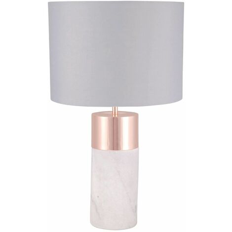 Layered Cylinder White Marble and Copper Table Lamp with Grey Fabric Shade - Gloss white marble with grey flecks with polished copper plate detail and grey c