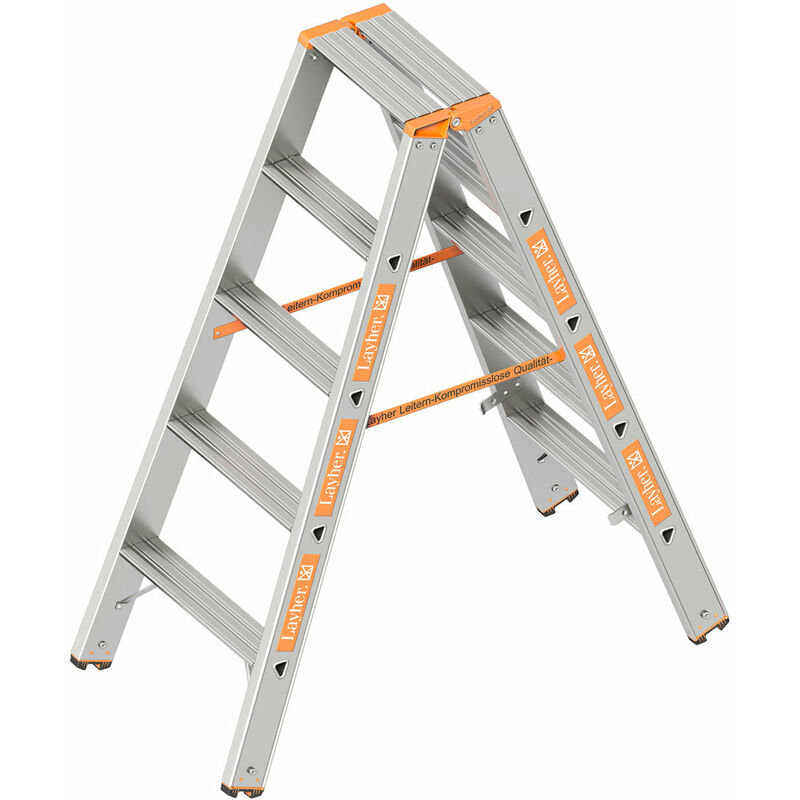 Stufenstehleiter TOPIC 5 Stufen; Aluminiumleiter 2x5 Stufen 80 mm breit, beidseitig begehbar, klappbar, Länge 1.25 m - Layher