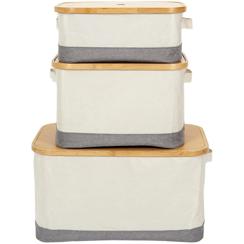 Lazen - Lot de 3 Panières Bambou avec Couvercle Tissu Blanc et Gris
