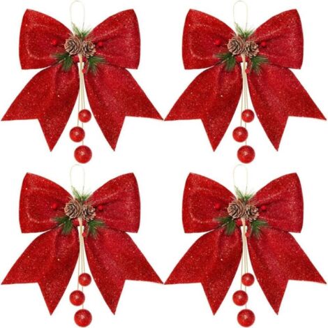 Lazos navideños con purpurina, lazos rojos para coronas, lazos con purpurina para el árbol de Navidad, lazos navideños decorativos para el hogar, 4 unidades
