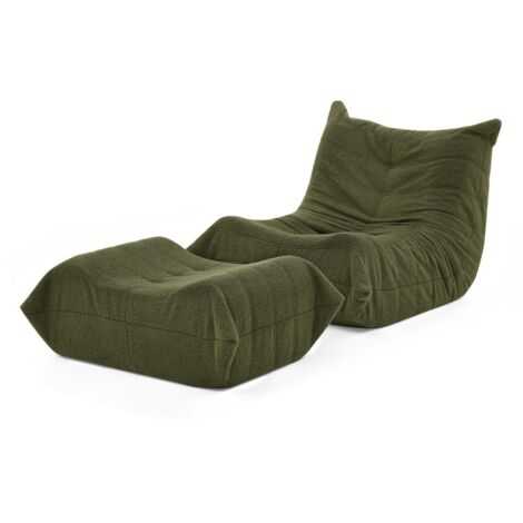 Lazy Sofa mit Rückenlehne und Fußhocker, Relaxsessel, Weicher Teddyfell-Bohnensack-Bodenlesesessel, Bequemer Einzel-Bodensofa für Wohnzimmer, Schlafzimmer, Arbeitszimmer, Apartment, Green