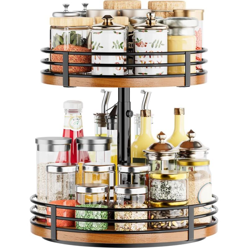 Lazy Susan Organiseur de plateau tournant réglable – Étagère à épices rotative en bois à 2 niveaux de 30,5 cm pour comptoir de cuisine, garde-manger,