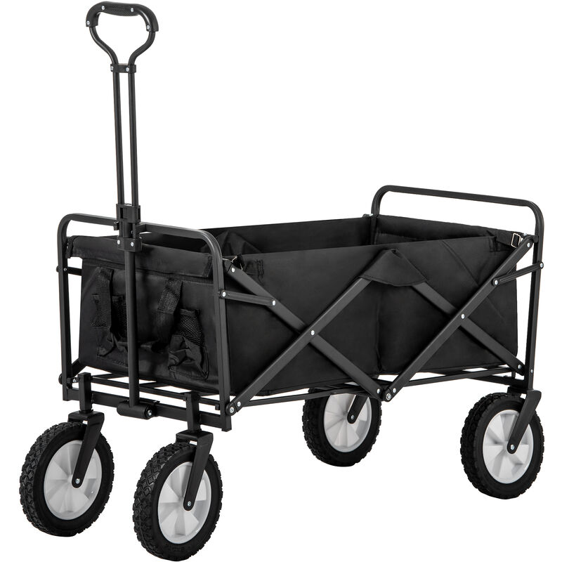 Chariot de jardin pliable - Porte-gobelet en maille, poignée réglable, sac en tissu, rotation de la roue avant à 360 degrés, capacité 100 kg - Noir