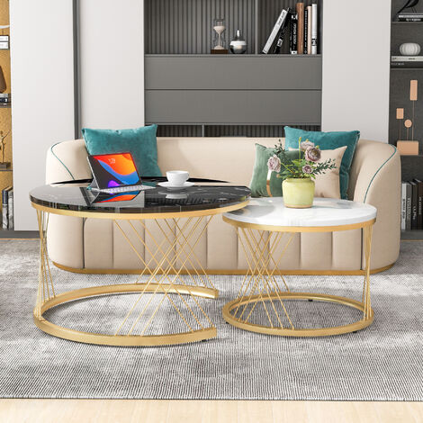 LBF Lot de 2 tables basses gigogne rondes 70 / 45 - motif marbre, cadre doré, table basse moderne style luxe léger - Gris + Blanc