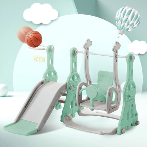 LBF Toboggan pour enfants 4 en 1 - Convient pour l'intérieur et l'extérieur - avec balançoire, panier de basket, toboggan, échelle