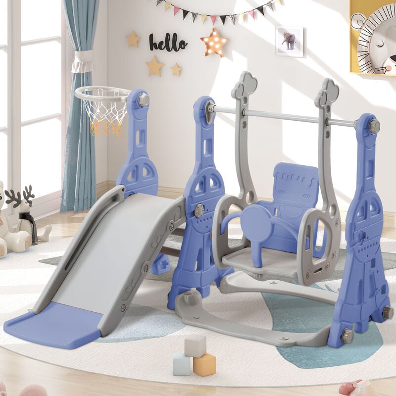 Toboggan pour enfants 4 en 1 - Convient pour l'intérieur et l'extérieur - avec balançoire, panier de basket, toboggan, échelle - Bleu - LBF