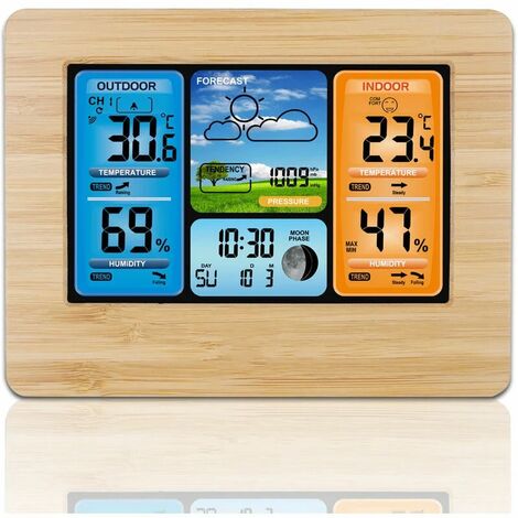 LCD ecran couleur previsions meteo reveil thermometre interieur, et exterieur et hygrometre horloge 3373norcc bambou