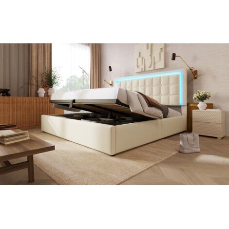 (Ld=141575AAW) Lit pliant avec sommier et espace de rangement. Lit double, équipé d’un éclairage LED. Dimensions du lit : 160x200 cm. Lit fonctionnel. Couverture en cuir blanc. Il est doté d’une matiè