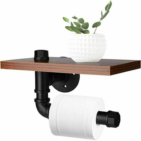 LDSBHN Porte-Papier Toilette Mural avec Étagère en Bois Porte Papier Toilette Industriel Porte-Rouleau de Papier Toilette Rétro Vintage Tuyau en Fer Deco Industriel pour Salle de Bain - Marron