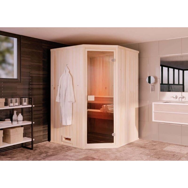 Sauna d'angle intérieur Finntherm Naturel , 40 mm Épaisseur de paroi 194 x 175 cm