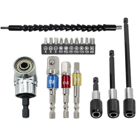 Le kit de rallonge flexible pour foret comprend une rallonge flexible pour foret à 105°, trois adaptateurs de douille universels pour forets de 1/4 pouce, 3/8 pouce et 1/2 pouce, et trois mandrins de 