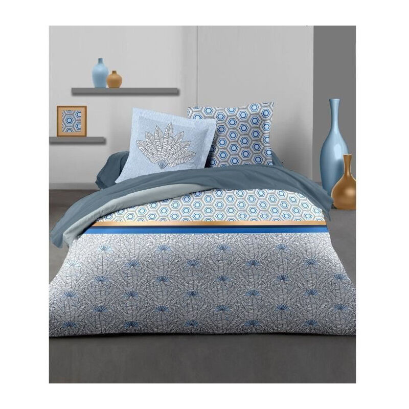 Les Tendances - home linge passion Parure de couette Louxor - 1 housse de couette 240 x 260 cm + 2 taies 65 x 65 cm - Bleu et blanc