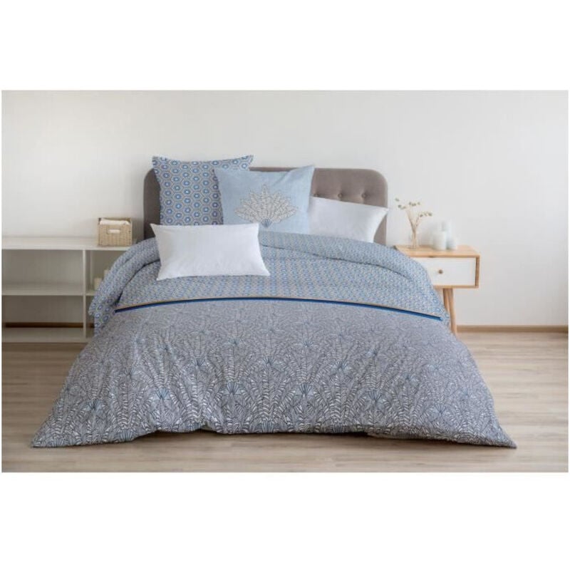 Les Tendances - home linge passion Parure de couette Louxor - 1 housse de couette 220 x 240 cm + 2 taies 65 x 65 cm - Bleu et blanc