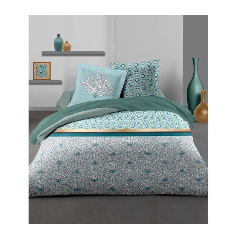 Les Tendances - home linge passion Parure de couette Louxor - 1 housse de couette 240 x 260 cm + 2 taies 65 x 65 cm - Vert emeraude et blanc