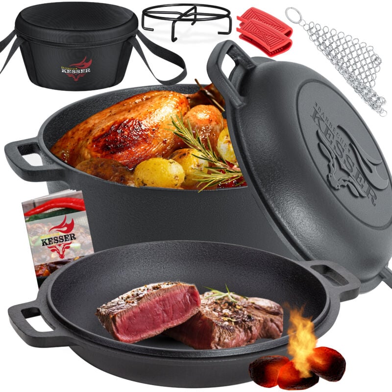 Kesser - Dutch Oven 2en1 Casserole en fonte 4 8L et poêle 1 8L Cuite au four prête à l'emploi Incl. livre de cuisine Cocotte double fonction
