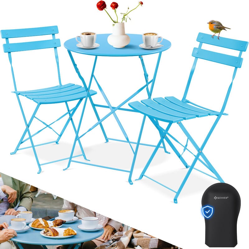 KESSER® Set Bistro 3 pièces Table de bistrot avec 2 chaises pliantes Set balcon Meubles pliants Set de jardin Garniture de jardin Bleu clair