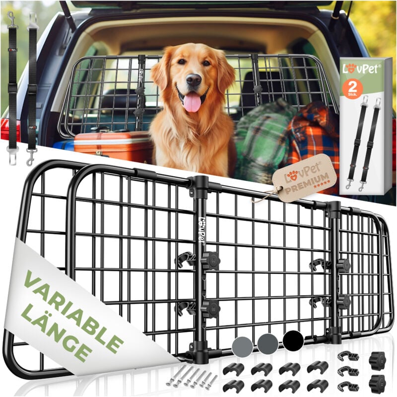Grille pour chiens en voiture, Grille de protection pour voiture, largeur réglable, Grille de voiture pour coffre Dimensions 30 x 91-153 cm, Noir