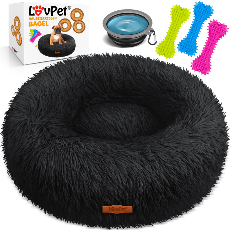 Lit pour chien Coussin pour chien Lit pour chat Bagel Lavable Ecuelle + 3x os à mâcher inclus Canapé pour chien Coussin moelleux Rond en peluche pour