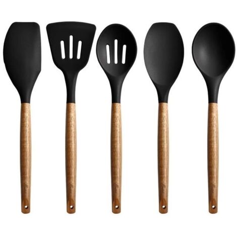 (Le noir)Ustensile de cuisine - Non spécifié - Kit de 5 pièces - Silicone noir - Bois d'acacia - Anti-adhésif