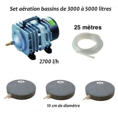 Le Poisson Qui Jardine – Aérateur de bassin 3000-5000 l/h – Compresseur 2700 l/h – 3 diffuseurs disques 10 cm – Installation flexible avec 25 m de tuyau cristal