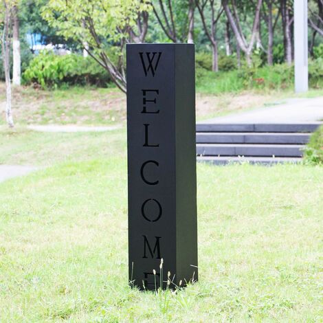 Le Poisson Qui Jardine – Colonne décorative en métal noir – Calligraphie Welcome – Dimensions 100 x 20 x 20 cm – Élégante pour jardin et terrasse