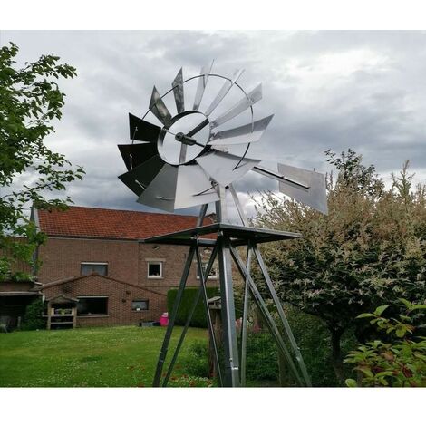 Le Poisson Qui Jardine – Girouette de jardin en métal 240 cm – Éolienne vintage USA – Hélice 55 cm avec roulement à billes – Décoration extérieure unique