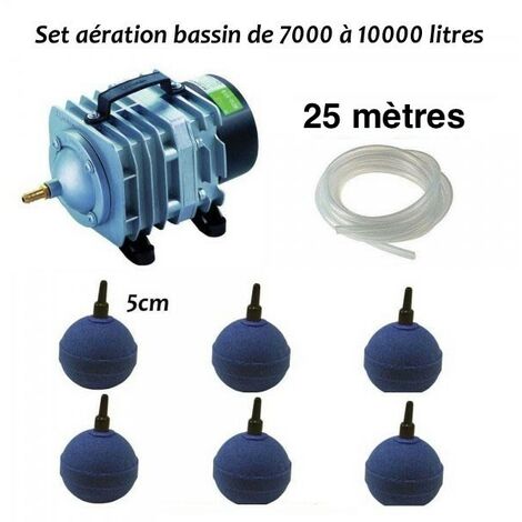 Le Poisson Qui Jardine – Kit d'aération pour bassin de 7000 à 10000 litres – Compresseur 4200 l/h – 6 diffuseurs – Tuyau 25m pour oxygénation efficace